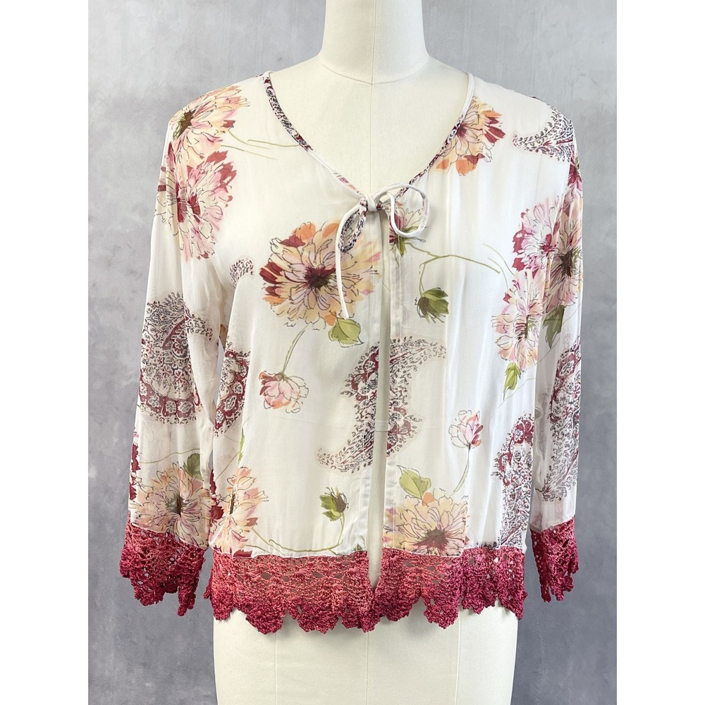 Papillon Women Floral Paisley Tie Front Top Size M Crochet Lace Boho Fairy Mori